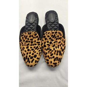 Birdies Phoebe Leopard Print Calf Hair Mules Slides Women 7.5 Brown Black Animal
